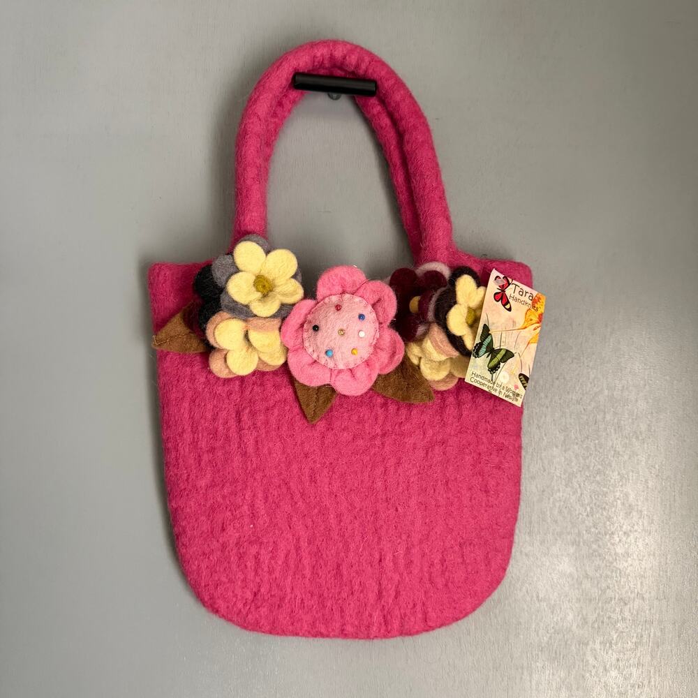 TARA HANDKNITS Pink Boiled Wool Floral Pink Hand Bag Purse Handmade NWT Nepal